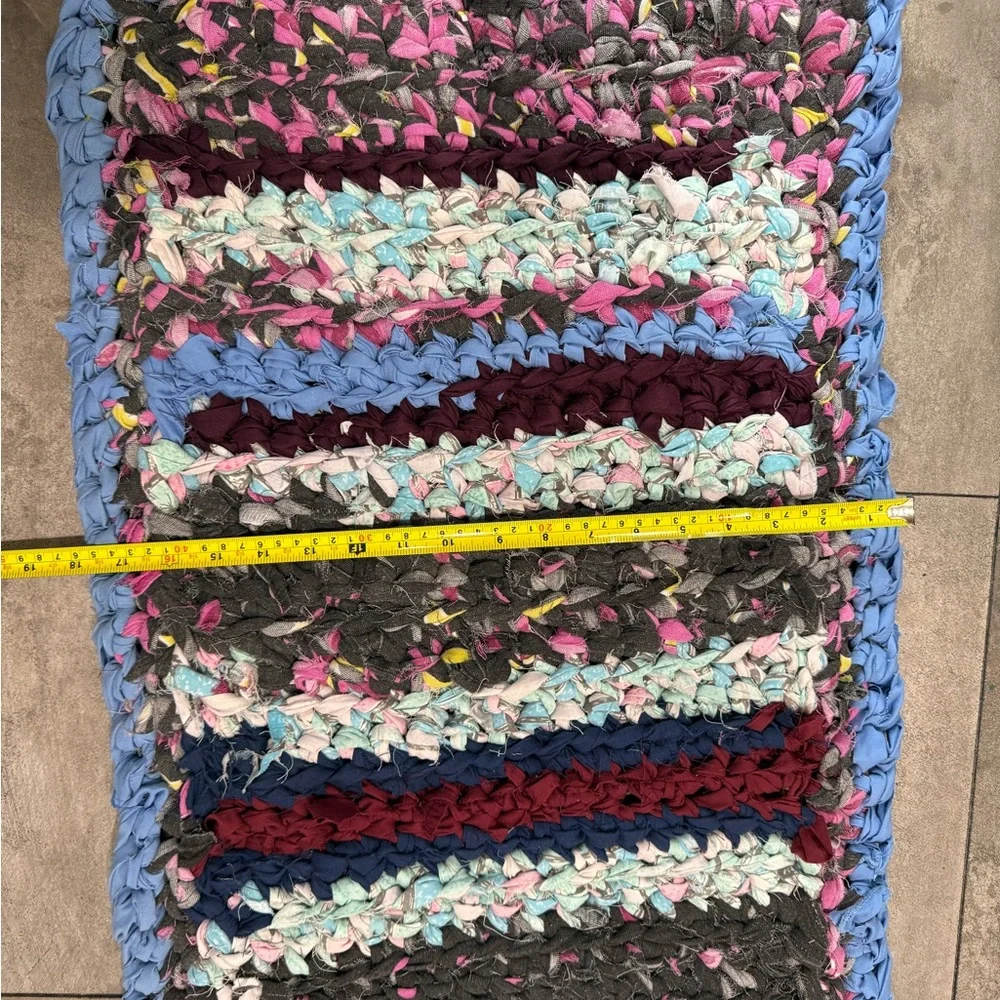 Handmade crocheted rag rug bathroom mat 36 x 17.5”